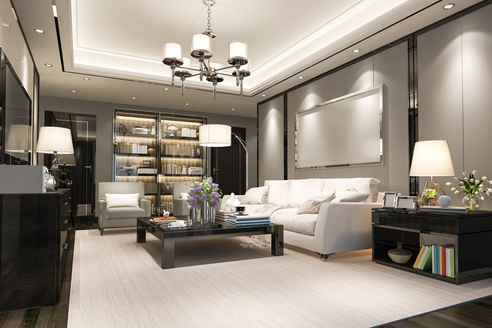 3d rendering luxury and modern living room and dining room